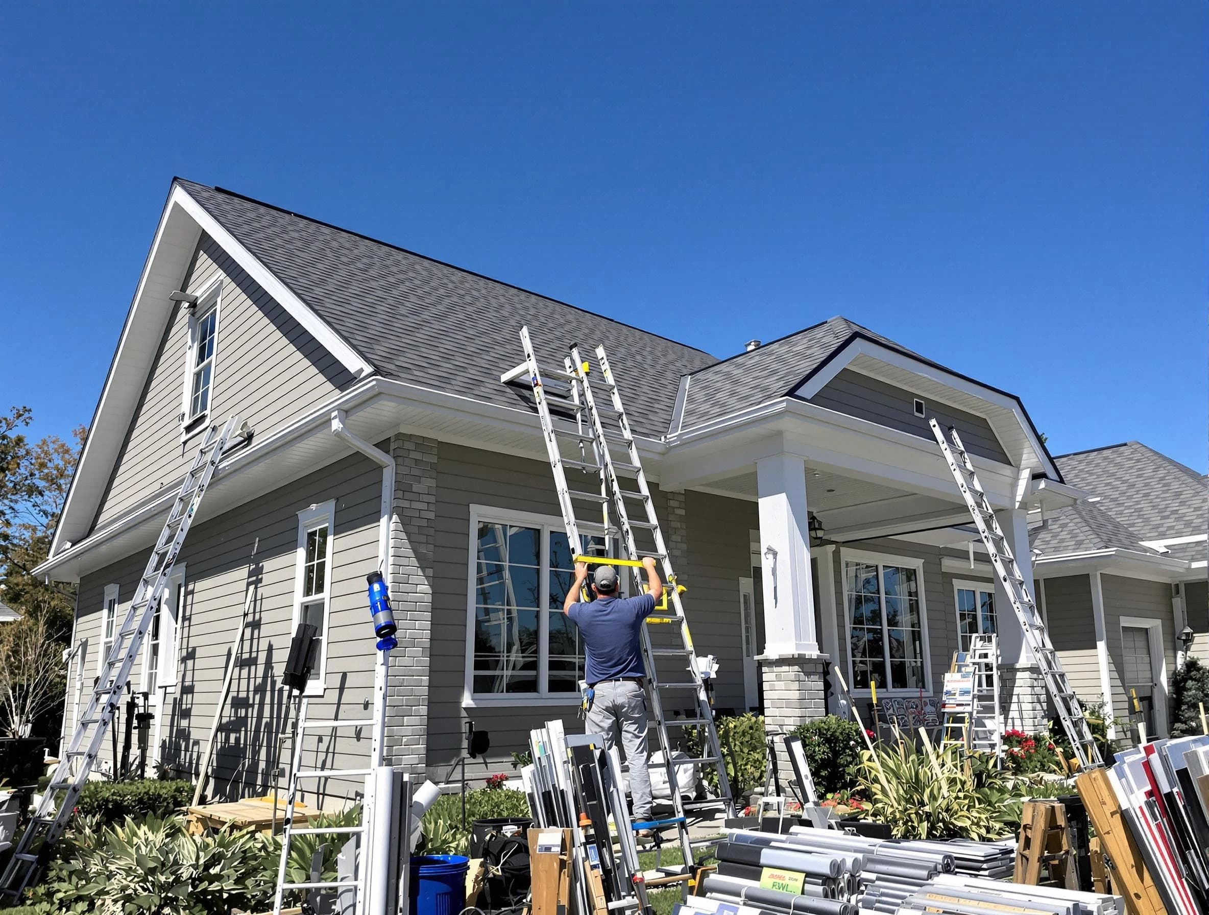 Twinsburg Roofing Company fitting rain gutters at a home in Twinsburg, OH